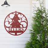 Christmas Tree Ornament Family Name Sign ~ Christmas Door Hanger, Personalized Christmas Décor, Custom Winter Porch Sign, Metal Christmas